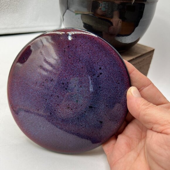 Studio Pottery Stoneware two piece jar vessel container purple glaze - Picture 4 of 12